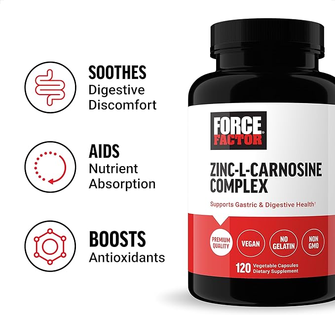 FORCE FACTOR Zinc L-Carnosine Capsules to Support Gastric and Digestive Health, Digestion and Bloating Supplement, Vegan, Non-GMO, No Gelatin, 120 Capsules