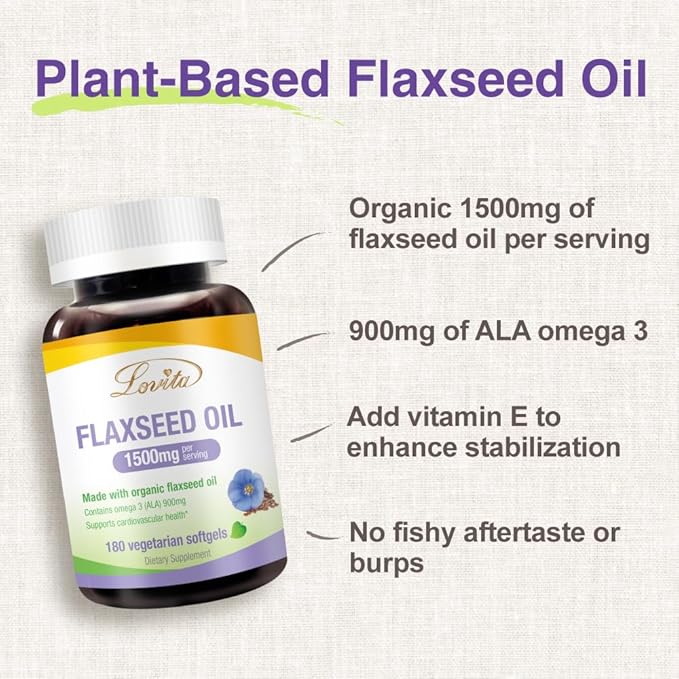Lovita Vegan Omega-3 Cold-Pressed Flaxseed Oil: 1500mg, 900mg ALA, 180 Softgels (Pack of 3)