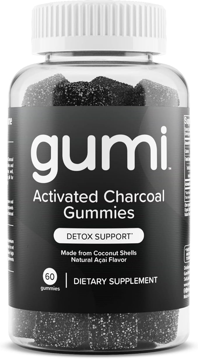gumi Nutrition Coconut Activated Charcoal Gummies - Charcoal Supplements for Detox, Oral Health & Gut Health - 200mg Gummy Vitamin - Gluten Free, Vegan & Non GMO - Natural Açaí Flavor (60 Count)