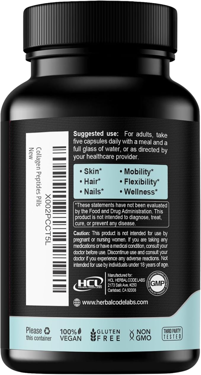 Collagen Peptides Powder with Vitamin C & Hyaluronic Acid - Organic Cleanest Sources & Super High Absorption - Hydrolyzed Multi Type I, II, III, V, X - Skin Hair Supplement (capsules)