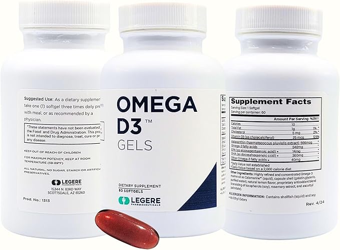Legere Pharmaceuticals Proform Omega-3 Fish Oil, D3 Gels with Astaxanthin with Calamarine.