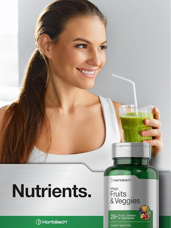 Horbäach Mega Fruits and Veggies Supplement | 100 Capsules | Vegetarian, Non-GMO and Gluten Free