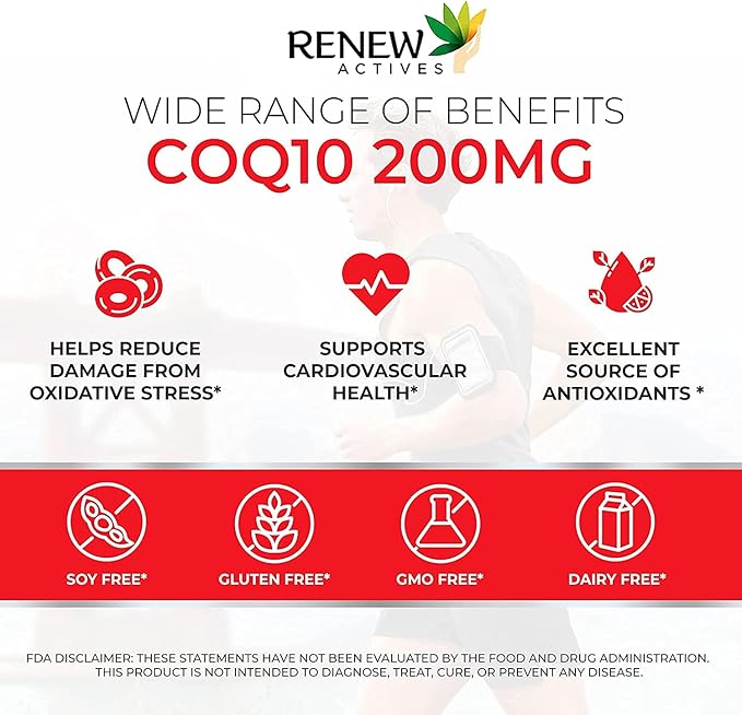 Renew Actives CoQ10 Ubiquinone Supplement 200MG per Serving – Supports Heart Health, Migraine Relief, Immune System Boost Antioxidant Support & Energy – High Potency, Made in Canada - 60 Capsules
