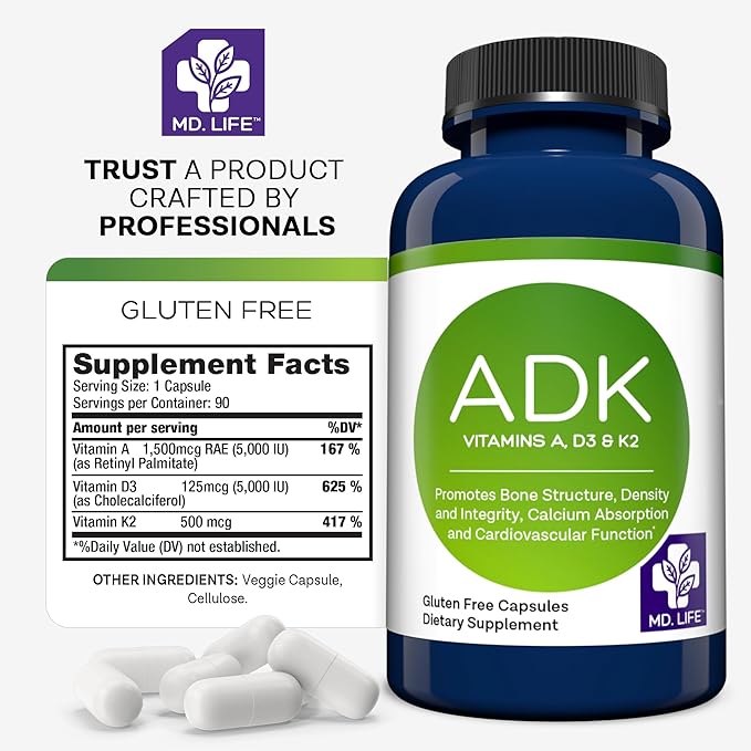 MD.LIFE A D K Vitamin Supplement - Vitamin D3 K2 and A - 90 Capsules - Bone Health and Heart Health Support – High Potency Vitamin ADK Supplement - ADK Complex