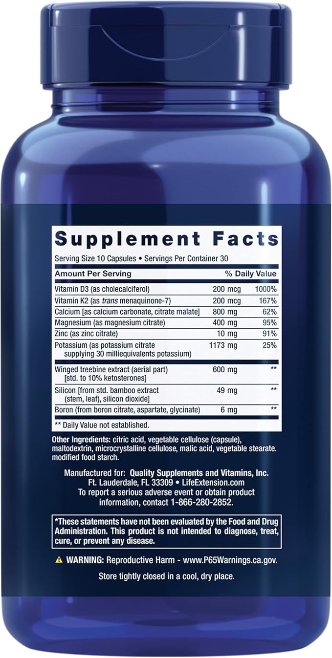 Life Extension Dr. Strum's Intensive Bone Formula, Cissus quadrangularis, Calcium, Vitamin D3, K2, Magnesium, zinc, Potassium, Boron, Bone Health Support Formula, Gluten Free, Non-GMO, 300 Capsules