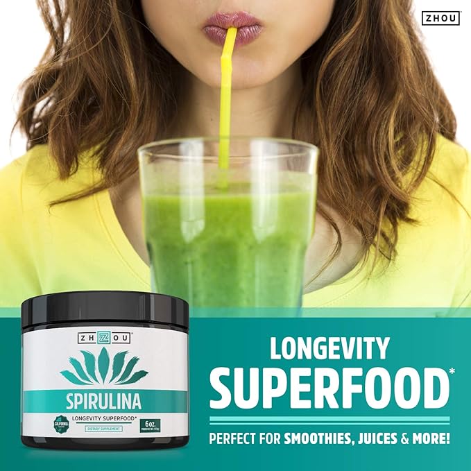 Zhou Spirulina Powder, Nutrient Rich Superfood, California Grown, 100% Pure, Vegan, Gluten Free, Non-GMO, Non-Irradiated, Perfect for Smoothies, Juices, 48 Servings, 6 oz