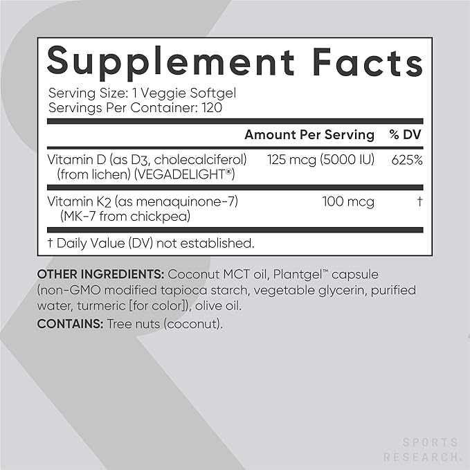 Sports Research® Vitamin D3 + K2 with Coconut MCT Oil | Vegan D3 5000 IU with K2 100 mcg for Bone & Immune Health | Vegan Certified, Soy & Gluten Free - 120 Softgels