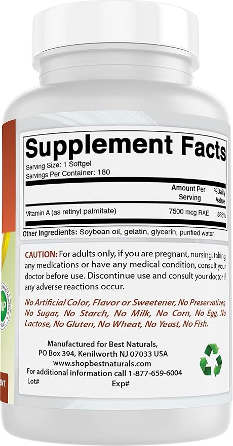 Best Naturals Vitamin A 25000 IU (7500 mcg), Non-GMO Formula Supports Healthy Vision & Immune System and Healthy Growth & Reproduction, 180 Softgels (180 Count (Pack of 1))
