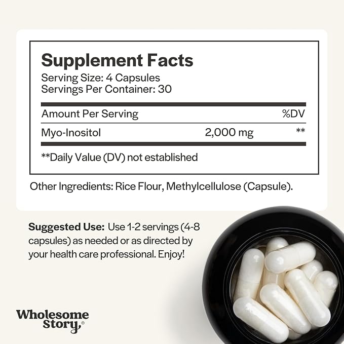 Wholesome Story Myo-Inositol Supplement | Inositol Powder Capsules | Myoinositol | 2000mg Per Serving | 500mg Per Capsule | Male and Female Fertility Supplement | Vitamin B8 | 120 Capsules