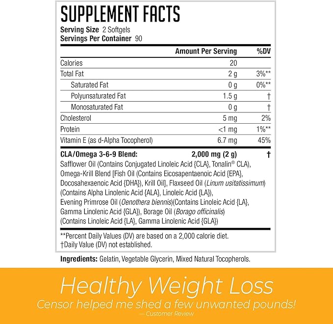 NDS Nutrition Censor - Fat Loss and Body Toner with CLA, Fish Oil, Safflower and Omega 3-6-9 Blend - Dietary Supplement for Improved Energy, Metabolism and Health - 180 Softgels