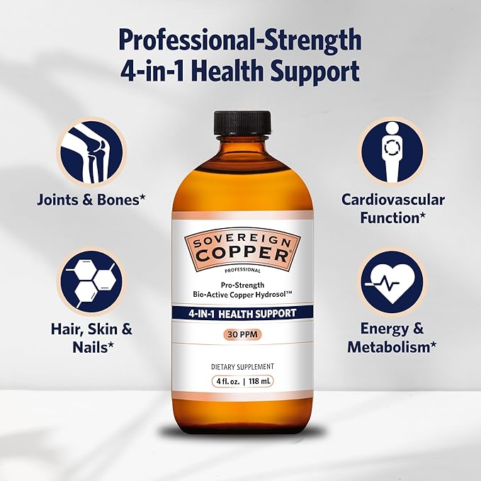Sovereign Copper Pro-Strength Copper-Hydrosol, Bio-Active Liquid Copper Supplements for 4-in-1 Health Support, 4 fl oz