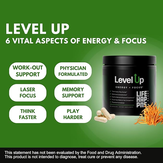Life Happns Level Up Energy and Focus Supplement with Lions Mane, Ginkgo Biloba, L Theanine, Cordyceps Mushroom, Vitamin B, Brain and Memory Support Supplements, 90 Capsules