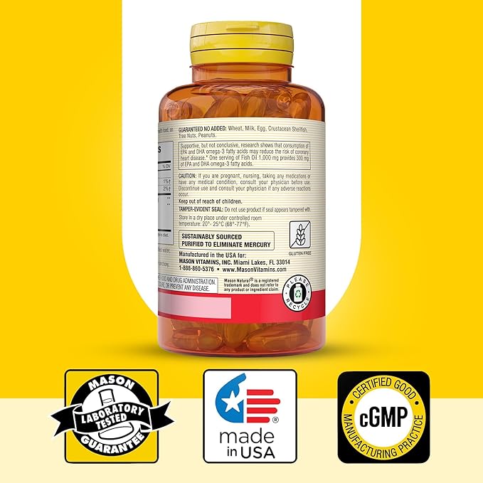 Mason Natural, Omega 3 Fish Oil 1000mg Softgels, Bonus Size 200-Count Bottle, Dietary Supplement Supports Heart, Eye, Brain and Joint Health with Omega 3 Fatty Acid Healthy Fats