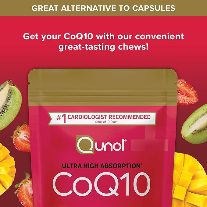 Qunol CoQ10 200mg Soft Chews, Extra Strength & Ultra High Absorption Coenzyme Q10 Supplement, #1 Cardiologist Recommended Supplement for Heart Health, 90 Count