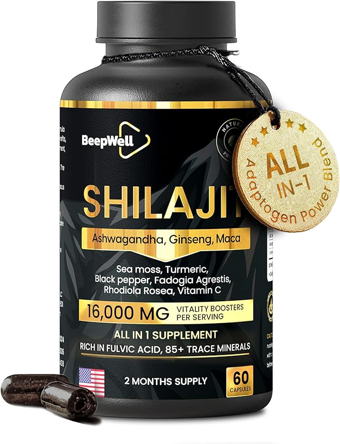 Shilajit Capsules for Men & Women, 16,000mg Pure Himalayan Organic Shilajit Supports Vitality and Wellness,Premium Pure Himalayan Supplement 2 Months Supply, 60 Capsules