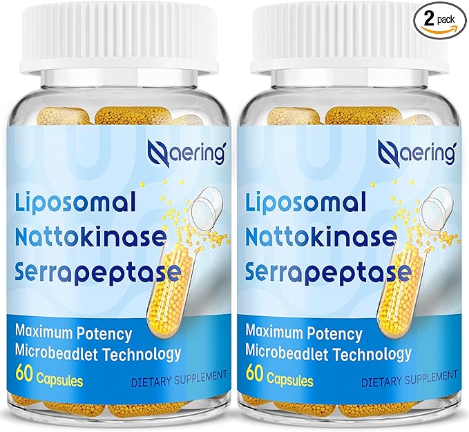 Liposomal Nattokinase 12,000 FU Serrapeptase 360,000 SPU Enzyme Supplement - Enriched with Synergistic Enzymes and Nutrient Blend & Inulin for Circulatory, Gut, Digestion 60 Capsules (2 Bottle)