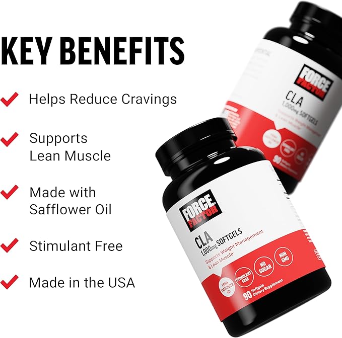FORCE FACTOR CLA Supplements, CLA 1000 mg, Conjugated Linoleic Acid to Support Body Composition and Lean Muscle Mass, Made from Safflower Oil, Stimulant Free, Non-GMO, 90 Softgels