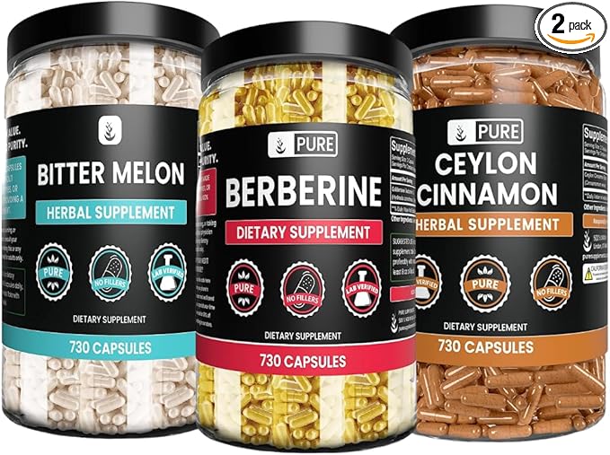 Pure Original Ingredients Berberine, Bitter Melon, and Ceylon Cinnamon Capsules Bundle (730 Capsules) No Magnesium or Rice Fillers