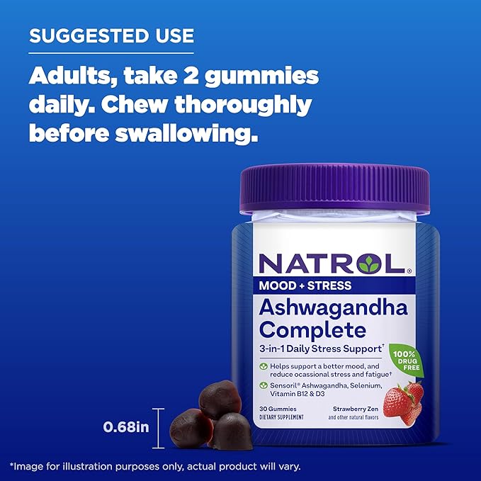 Natrol Ashwagandha Complete Gummy, 3-in-1 Daily Stress Support, Supports Better Mood, Reduces Occasional Stress and Fatigue, 30 Gummies, Up to a 15 Day Supply