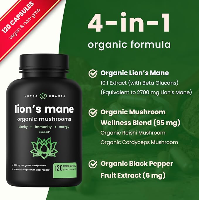 NutraChamps Organic Lions Mane Mushroom Supplement (2 Month Supply - 120 Count) Mental Clarity, Memory & Focus Supplement, Supports Immune System & Brain Health