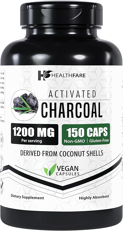 Activated Charcoal Capsules 1200mg | 150 Veg Capsules | Derived from Coconut Shells | Highly Absorbent | Non-GMO | Made in The USA