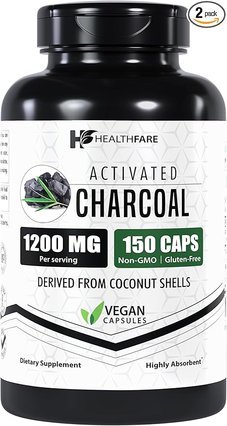 Activated Charcoal Capsules 1200mg | 150 Veg Capsules (Pack of 2) | Derived from Coconut Shells | Highly Absorbent | Non-GMO | Made in The USA