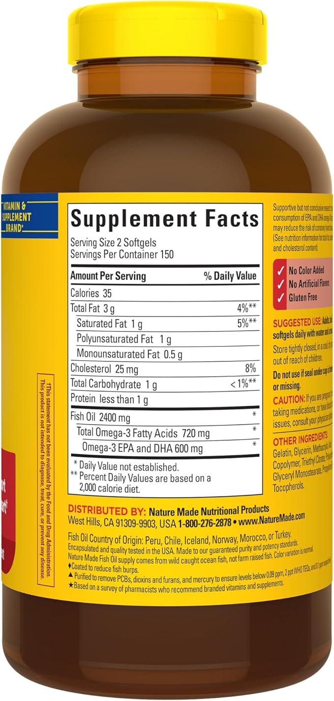 Nature Made Burp Less Fish Oil Omega 3 Supplements, 1200 mg Softgels, Omega 3 Fish Oil for Healthy Heart Support, 300 Softgels, 150 Day Supply
