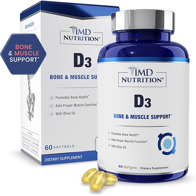 1MD Nutrition Vitamin D3 5000 IU Softgels | Bone Health, Muscle Function, & Immune Support | Wheat Free and Non-GMO with Olive Oil | 2-Month Supply