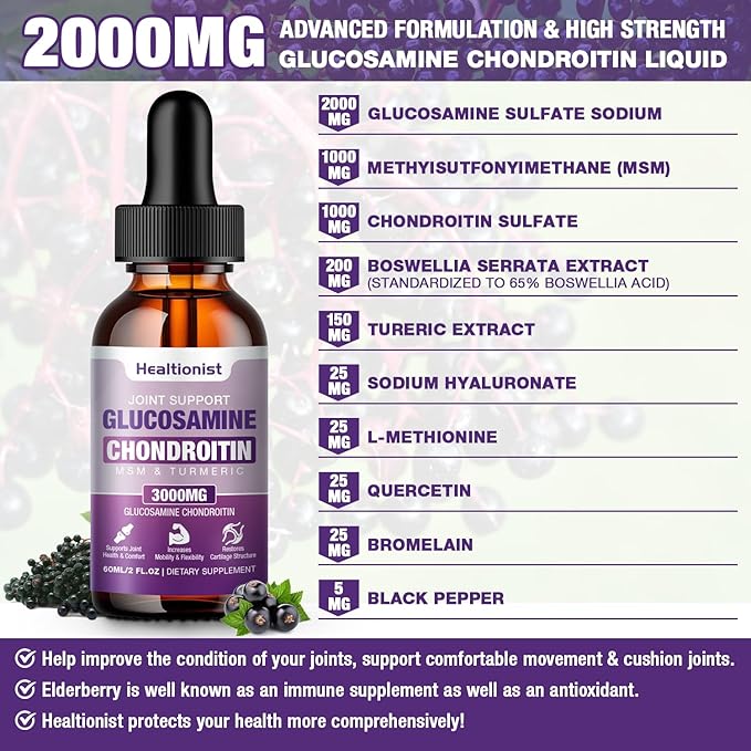 2 Pack Glucosamine Chondroitin MSM Liquid Drops, Extra Strength Joint Support Supplement for Adults Men & Women, Quercetin Boswelia, Bromelain, Antioxidant Immune Support (4 Fl oz)