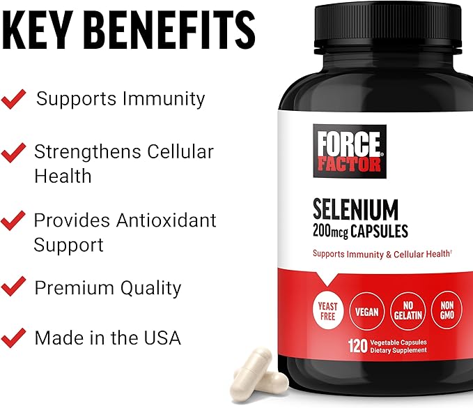 Force Factor Selenium Immune Support Supplement, Selenium 200mcg Capsules to Support Immune Defense, Immunity Supplement, Vegan, Non-GMO, 120 Capsules
