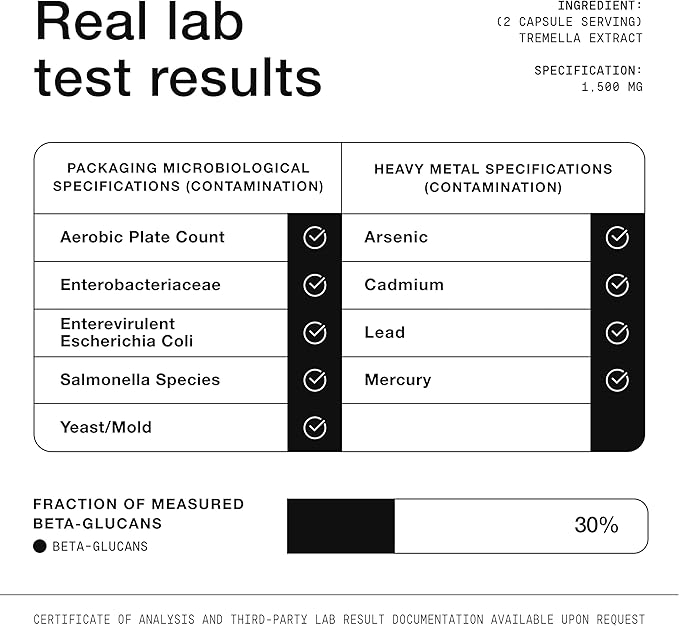 Tremella Mushroom Ultra High Potency 15:1 Extract with 30% Beta Glucans - Pure & Concentrated Formula - Third-Party Lab Tested for Purity & Quality - 120 Capsules