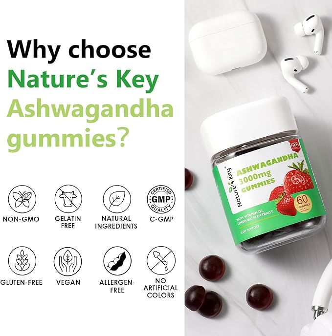 Nature's Key Upgraded 2.0 Ashwagandha Gummies, 3000mg Extra Potency Ashwagandha Supplement | with Vitamin D2, Lemon Balm, & Black Pepper ,for Stress Relief and Good Sleep (60 Count, Pack of 1)