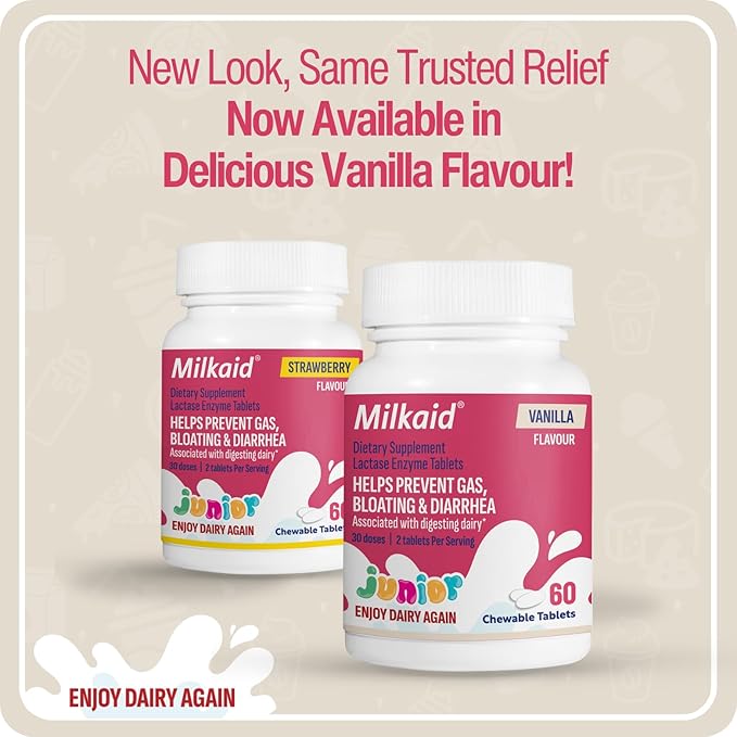 Milkaid Junior Lactase Enzyme Chewable Tablets for Lactose Intolerance | Prevents Gas, Bloating, Diarrhea in Children| Fast Acting Dairy Digestive Supplement for Kids| 60 ct (60 Tablets, Vanilla)