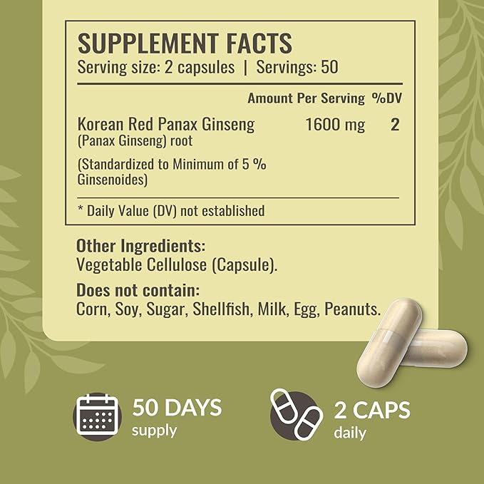 HERBAMAMA Korean Panax Ginseng Capsules - 1600mg Red Ginseng Root for Brain & Energy Support - Vegan, Non-GMO Korean Red Panax Energy Supplement, 100 Caps