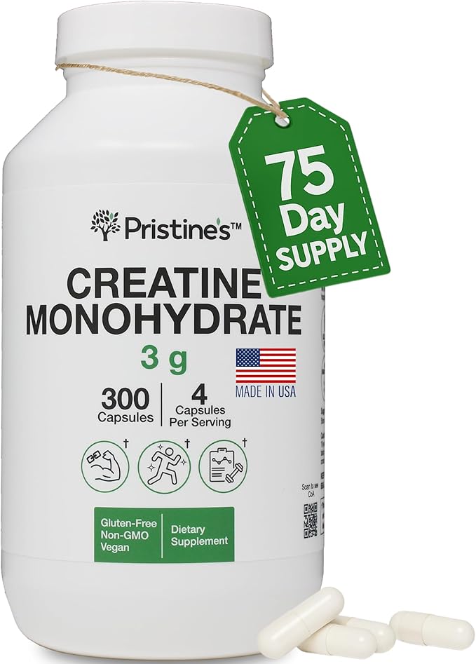 PRISTINE'S Creatine Monohydrate Capsules for Women & Men - No Bloat 75 Day Supply 3G Muscle Growth Support Supplement - Cognitive & Athletic Performance Support - Enhanced Recovery