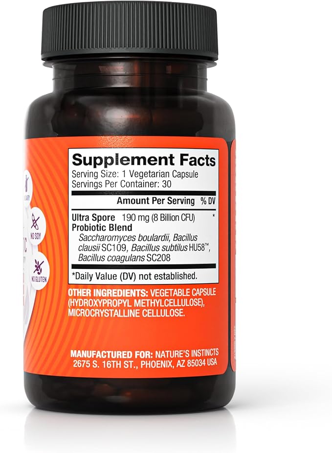 Ultra Spore Probiotic with Live Strains | Daily Soil Based Probiotic for Digestive Support & Gut Health | Soy-Free, Dairy-Free, Gluten-Free, Non-Refrigerated Probiotics, 30 Capsules