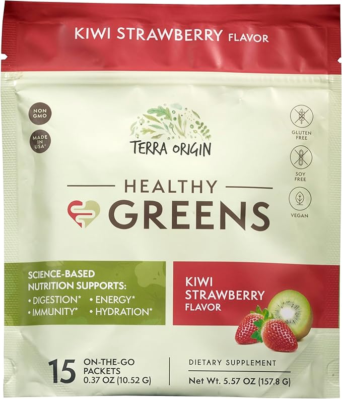 TERRA ORIGIN Greens Powder Packets | 74+ Vitamin and Superfoods | Supports Gut Health, Bloating, and Energy | with Antioxidant, Digestive Enzymes, Adaptogens | Kiwi Strawberry (15 Packets)