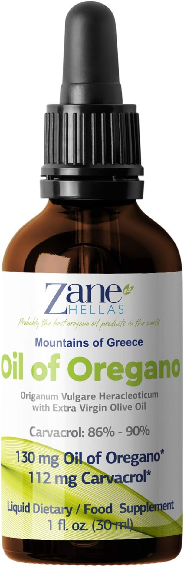 Zane Hellas 70% Oregano Oil. Greek Essential Oil of Oregano .86% Min Carvacrol. 112 mg Carvacrol Per Serving. Probably The Best Oregano Oil in The World. 1 fl. oz.- 30ml