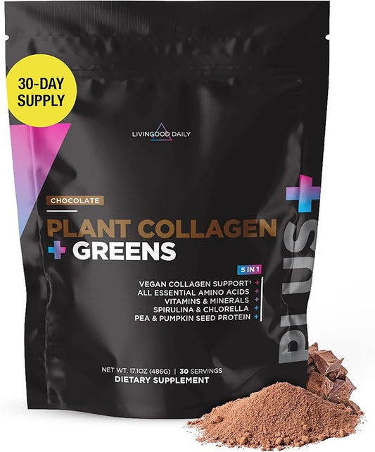 Livingood Daily Plant Collagen Powder (Chocolate) - Collagen Protein Powder with Vitamin C, Spirulina & Amino Acids for Healthy Hair, Skin & Nails - Energy & Muscle Growth Formula - Vegan, 30 Servings