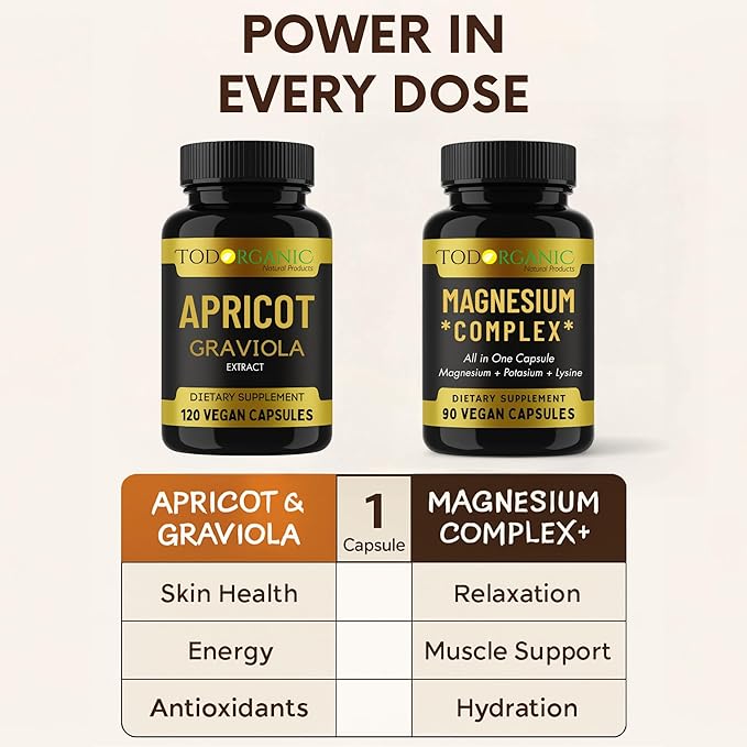 Todorganic 2-Pack: Apricot & Graviola Extract + Magnesium, Potassium & Lysine – Vegan Supplement Combo for Relaxation, Healthy Skin & Mineral Balance – Non-GMO, Gluten-Free – 2 Bottles