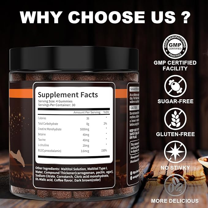 Coffee Flavor Creatine Monohydrate Gummies for Men & Women,Contains L-Taurine + Vitamin B12, Betaine, L-Citrulline for Improve Exercise Endurance, Muscle Strength -120 Count