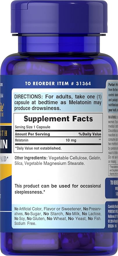 Puritan's Pride Premium Super Strength Melatonin 10mg Sleep Aid, Dietary Supplement for Sound, Restful, and Longer Sleep Support, 4 Month Supply, 120 Rapid Release Capsules (Packaging May Vary)