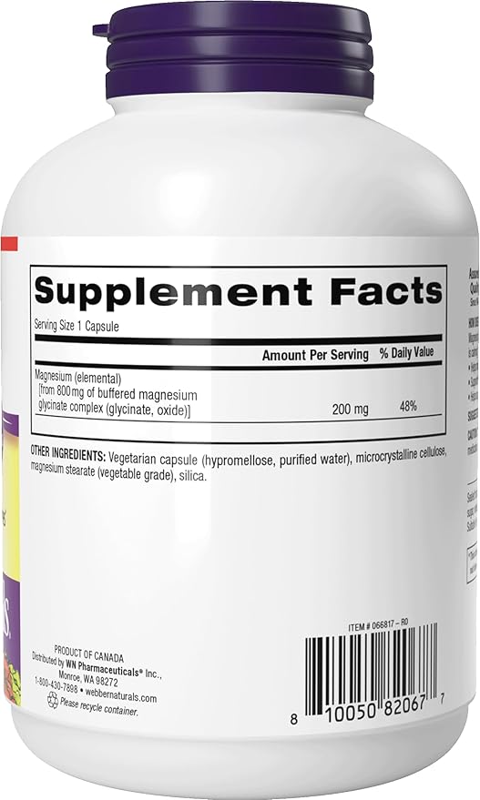 Webber Naturals Magnesium Glycinate Complex 200 mg, 180 Vegetarian Capsules, High Absorption Formula, Supports Bones, Heart, Muscles & Nerves, One-per-Day, Vegan