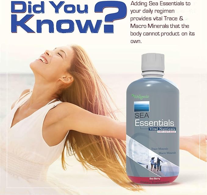 Wellgenix Sea Essentials Vital Nutrients - Coral Calcium Liquid Multivtamin - Adults & Kids Daily Supplement - Nutritional Sea Vegetation Mineral Drink - Sea Berry Flavor 32oz (3)