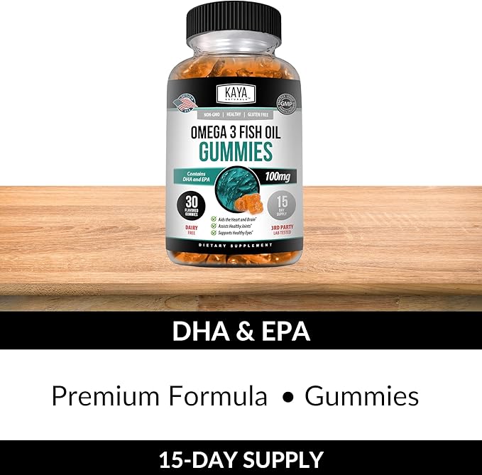 Kaya Naturals Omega 3 Fish Oil Gummies -Fish Oil Supplement with EPA & DHA Fatty Acids - Helps Support Brain, Eye, Heart Health & Immune Support - Non-GMO - 30 Count
