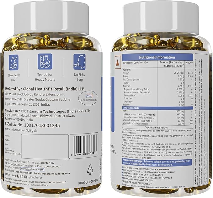 Deep Sea Fish Oil (60 Softgels) Omega 3 Supplement Triple Strength 2500 Mg for Muscle, Joints, Heart & Cognitive Support | No Fishy Burps with Lemon Flavour for Men & Women | (Pack of 1)