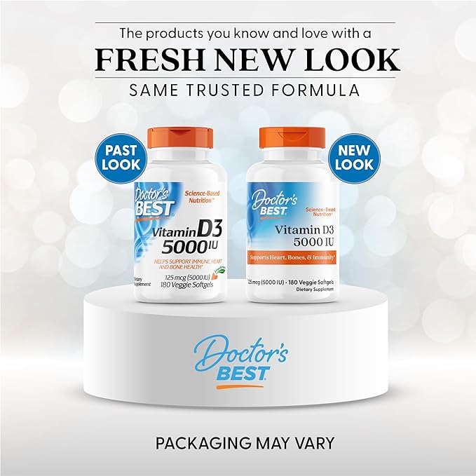 Doctor's Best Vitamin D3 5000 IU, Supports Heart, Bones, & Immunity, Non-GMO, Gluten Free, Soy Free, Vegetarian 180 Veggie Softgels