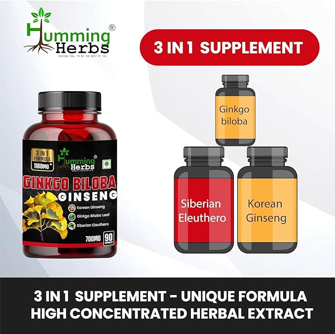 Ginkgo Biloba & Korean Ginseng Supplement – 700mg with Siberian Eleuthero Supports Brain Function, Energy, & Immune – 90 Capsules
