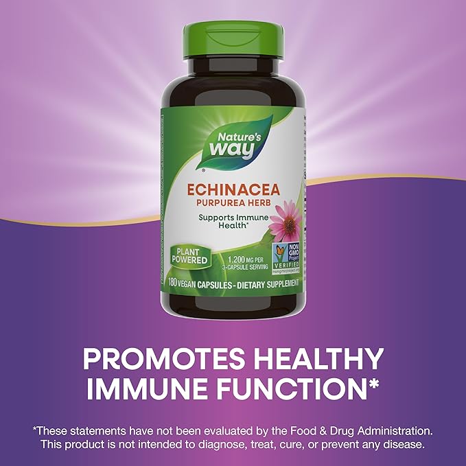 Nature's Way Echinacea Purpurea Herb, Immune Support*, 1,200 mg per 3- Capsule Serving, Non-GMO Project Verified, Vegan, 180 Capsules