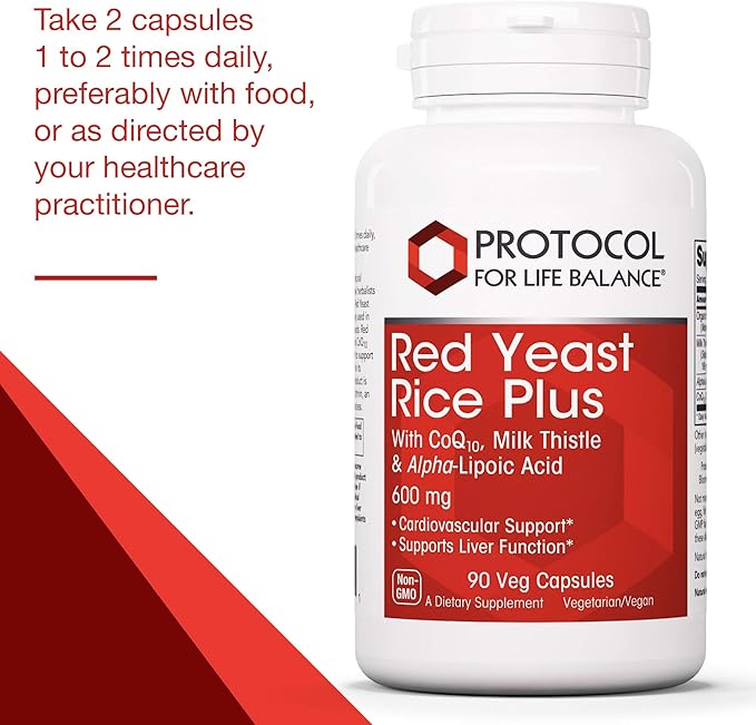 PROTOCOL FOR LIFE BALANCE Red Yeast Rice Plus - Heart Health & Liver Support - with Coenzyme Q10, Alpha Lipoic Acid & Milk Thistle Extract - Non-GMO & Soy Free - 90 Veg Caps